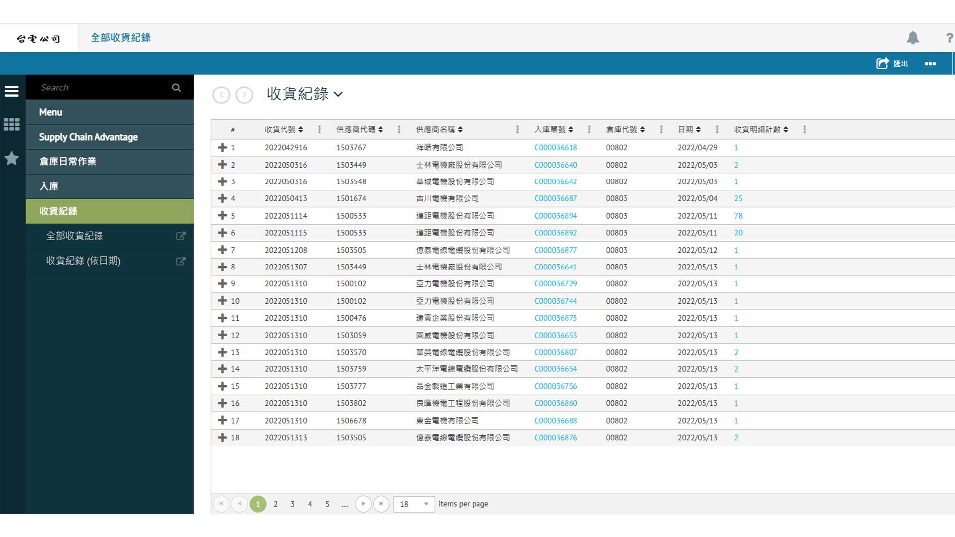 倉儲管理系統畫面。